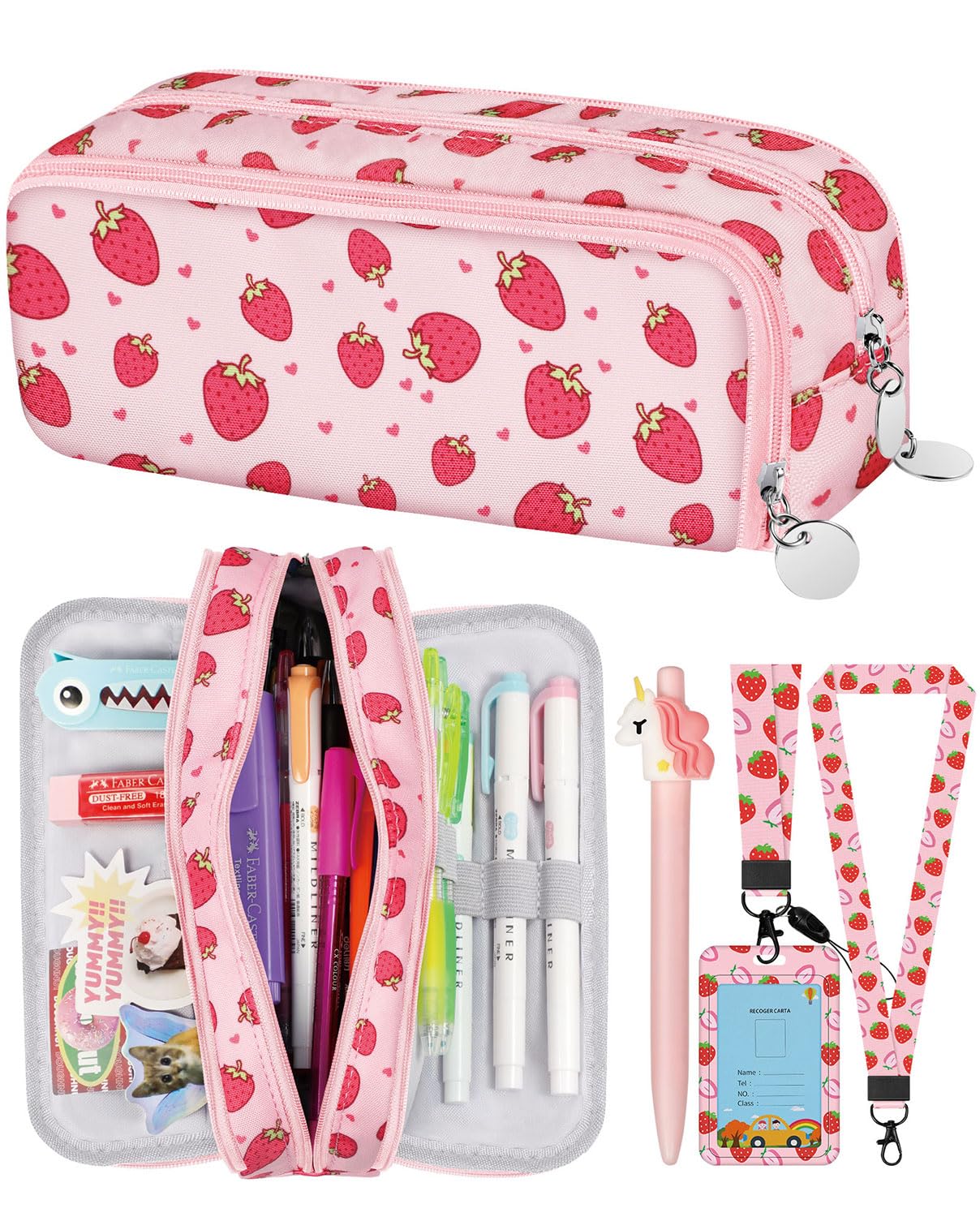 Bistup Pencil Case Pouch Pen Bag for School Cute Kawaii Girls Girly Cartoon Strawberry Teen Girls Zipper Pencil Pouches Large Stationary Bags 3 compartments with Lanyard+ID Badge Holder+Pen+Sticker