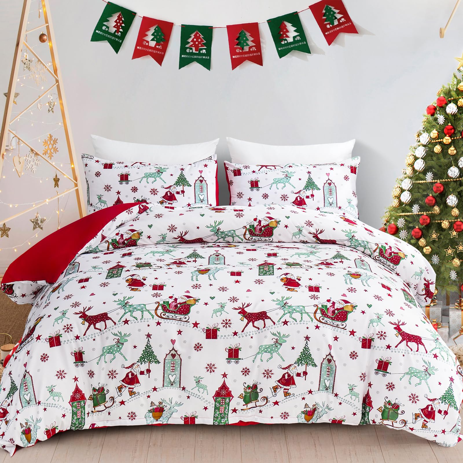 WONGS BEDDING Christmas Duvet Cover Set King Santa Elk Christmas Tree Pattern Xmas Duvet Cover for Boys Girls,Soft Microfiber Bed Comforter Cover for New Year 104"×90"