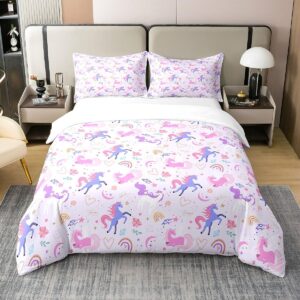 100% nature cotton purple unicorn duvet cover twin,dreamy rainbow pink flowers super soft bedding set,girls room decor moon star love hearts comforter cover bedding 2 piece (no comforter)