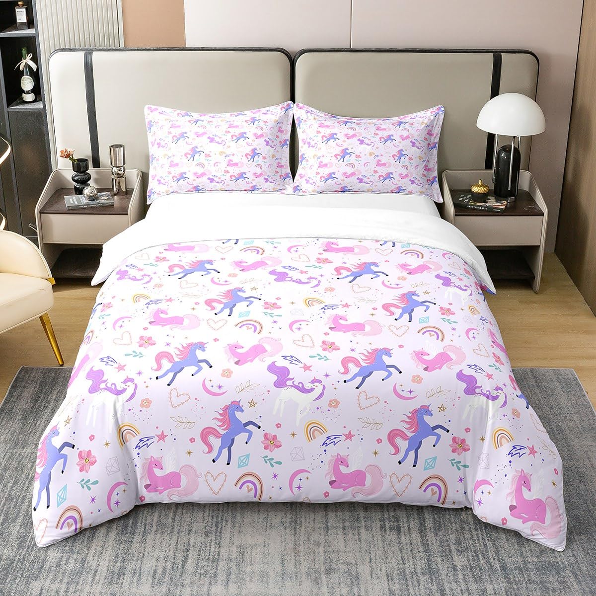 100% Nature Cotton Purple Unicorn Duvet Cover Twin,Dreamy Rainbow Pink Flowers Super Soft Bedding Set,Girls Room Decor Moon Star Love Hearts Comforter Cover Bedding 2 Piece (No Comforter)