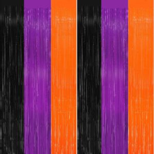 2 pack 3.2ft x 9.8ft halloween foil fringe curtain, black orange purple metallic tinsel curtains streamer large party photo booth props backdrops for wall door indoor outdoor decorations