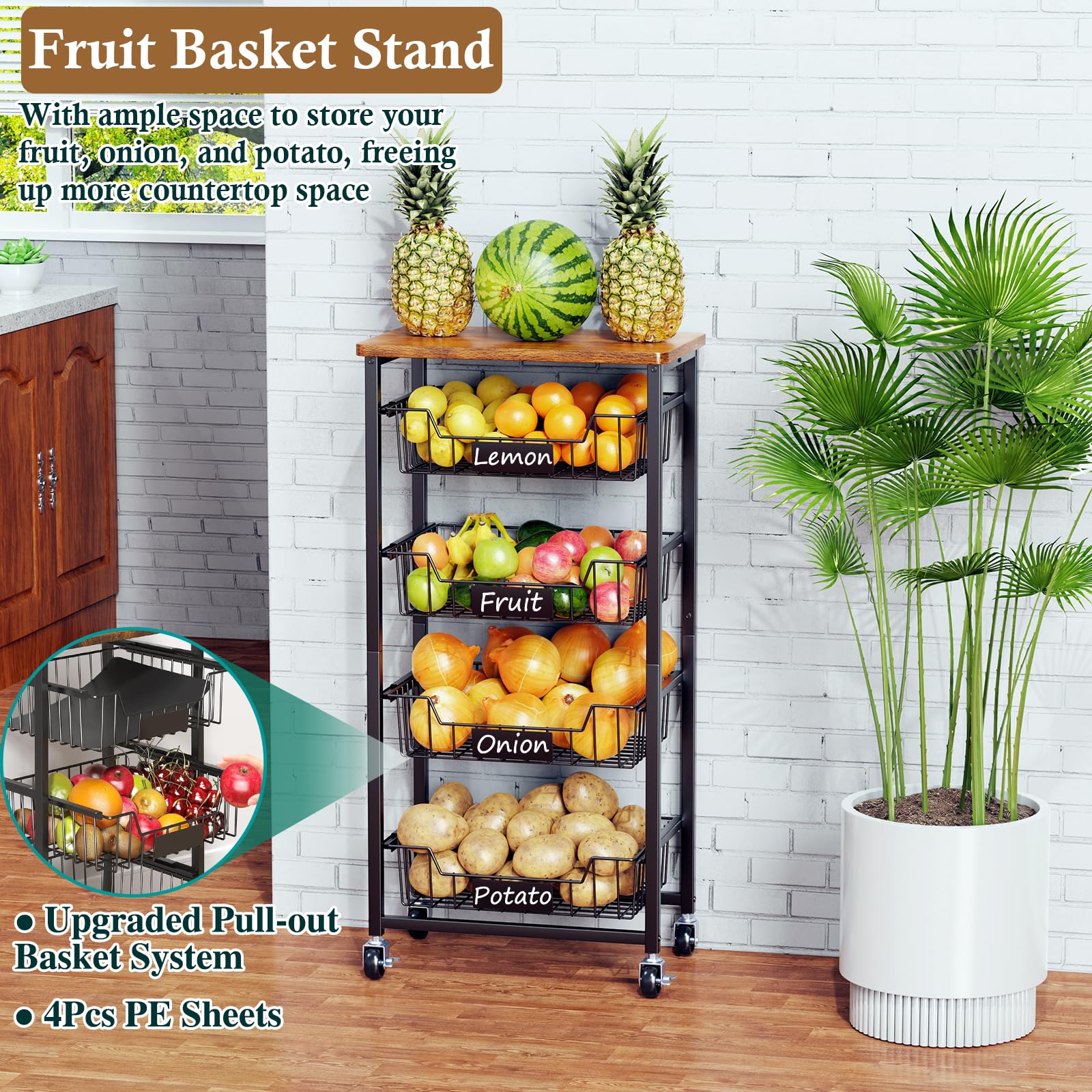 OKZEST Fruit Basket, 5-Tier Utility Kitchen Organizer and Storage Cart with Pull-Out Baskets and Wood Top, Rolling Pantry Kitchen Cart on Wheels for Fruit Potato Onion Vegetable Snack Produce