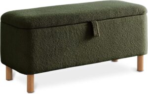 boucle storage ottoman bench for bedroom end of bed, sherpa upholstered shoe seat storage beach for entryway bed foot, rectangle cushion padded blanket chest cute for living room, blackish green