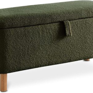 Boucle Storage Ottoman Bench for Bedroom end of Bed, Sherpa Upholstered Shoe Seat Storage Beach for Entryway Bed Foot, Rectangle Cushion Padded Blanket Chest Cute for Living Room, Blackish Green