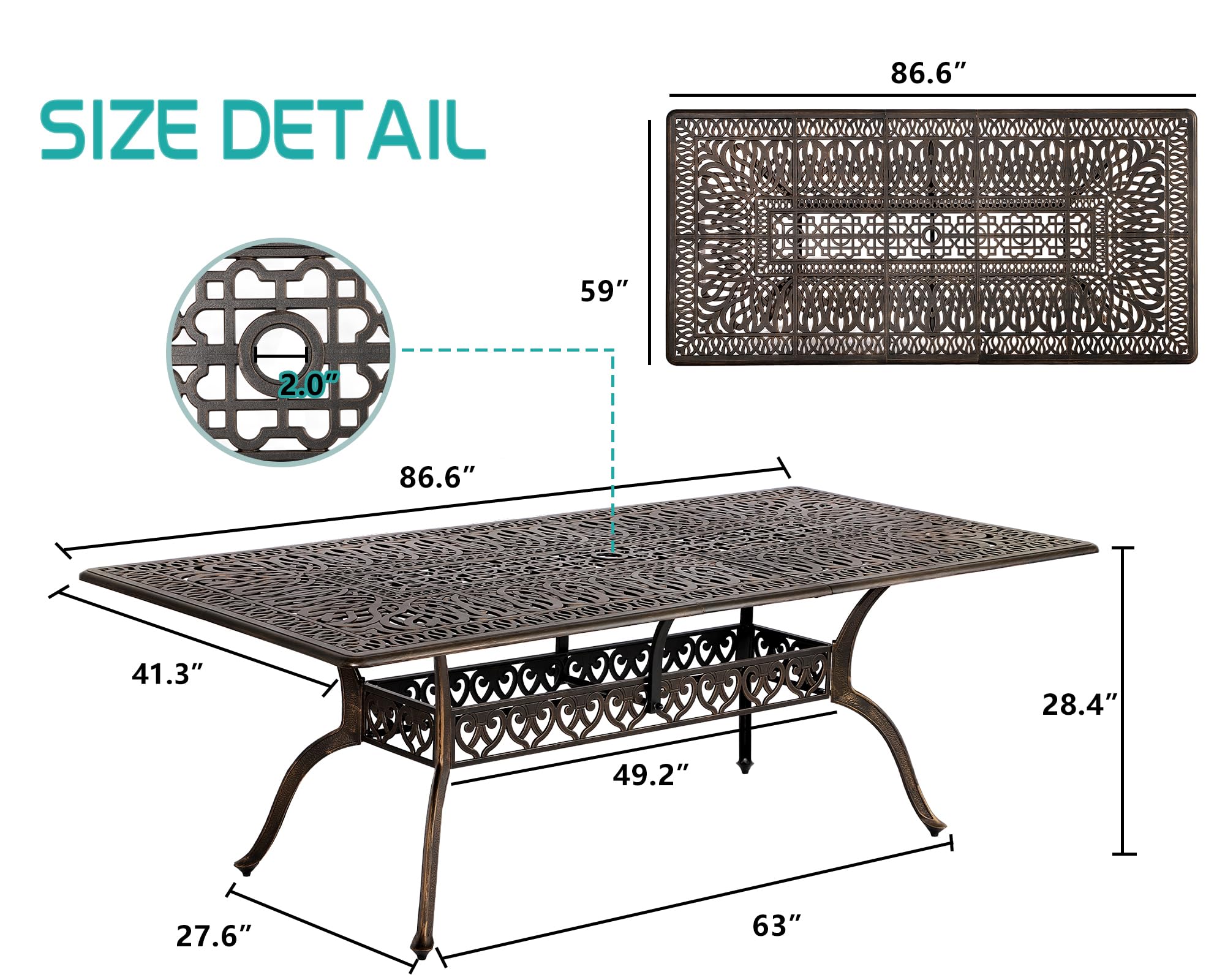 TITIMO 87'' Patio Dining Table, Cast Aluminum Outdoor Rectangle Dining Table, Weather-Resistant Table with 2" Umbrella Hole, Lawn Backyard Garden