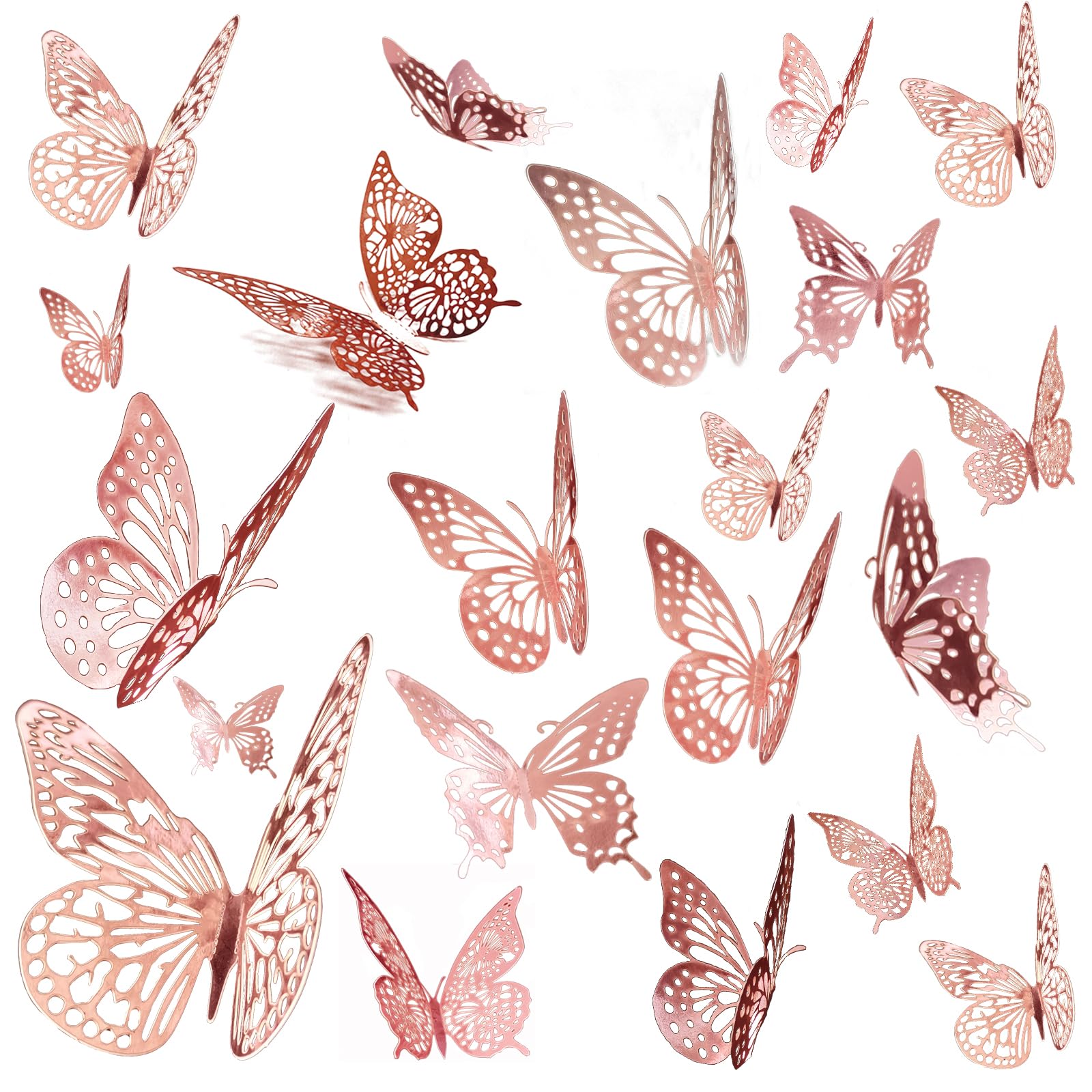 JOSDIOX 3D Butterfly Removable Metallic Wall Sticker 4 Styles 3 Sizes, Mural Decals for Kids Room Bedroom Décor Nursery Classroom Party Decoration Wedding DIY (Rose Gold 48 Pcs)