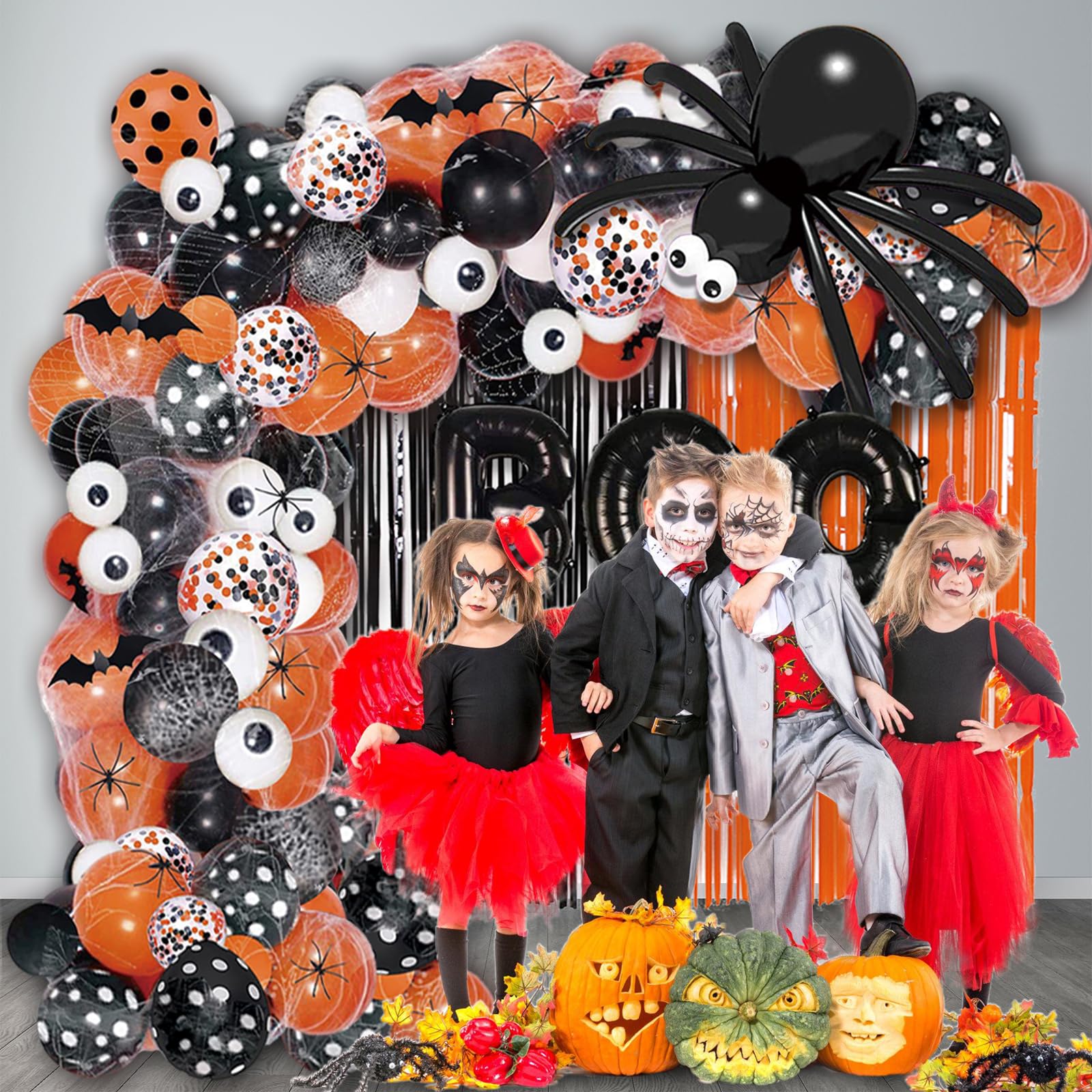 AIBIIN 116 Halloween Party Balloons Halloween Balloon Arch Garland Kit Black Orange Confetti Balloons Orange Black Foil Fringe Curtain Halloween Spooky Boo Birthday Baby Shower Party Balloons Supplies