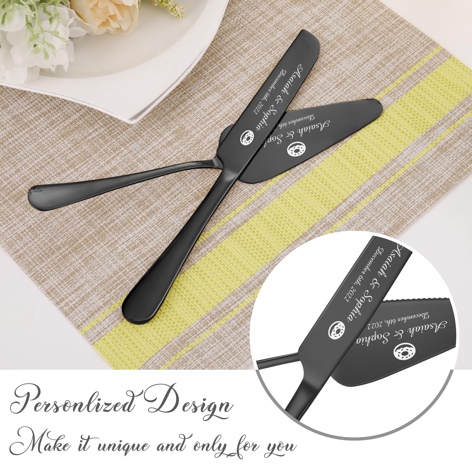 Atdesk Personalized Cake Cutting Set for Wedding, Stainless Steel Cake Knife and Server Set, Cake Cutter and Pie Server for Wedding, Birthday, Anniversary, Graduation Gift (Black)