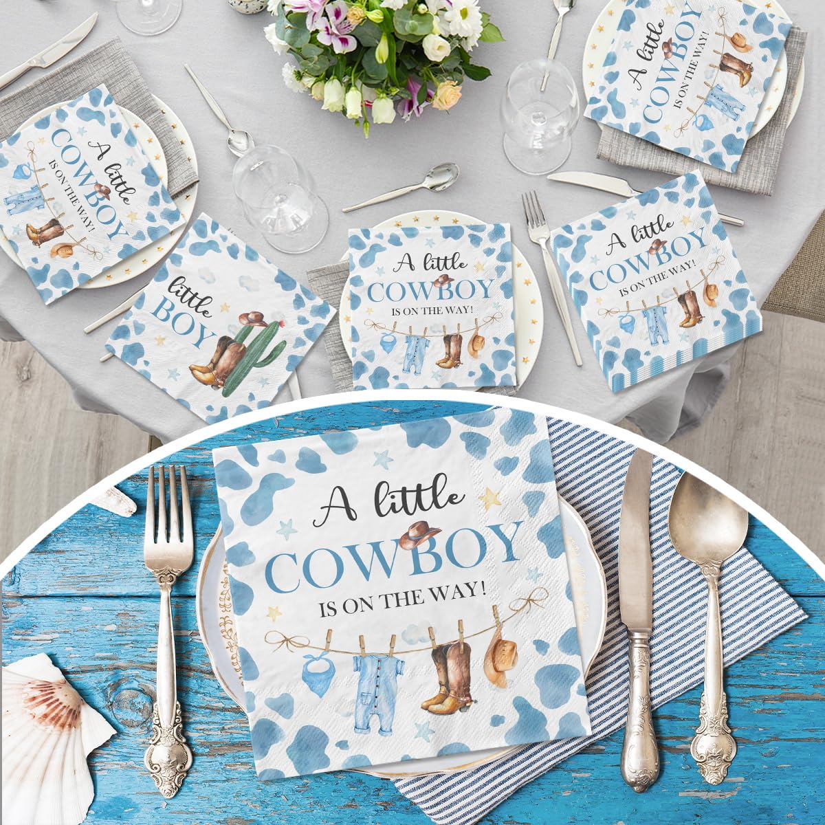 Cowboy Baby Shower Decorations-40pcs Little Cowboy Baby Shower Napkins, Blue Disposable Little Cowboy is on the Way Paper Napkins for Boys Cowboy Baby Shower Birthday Party Decorations