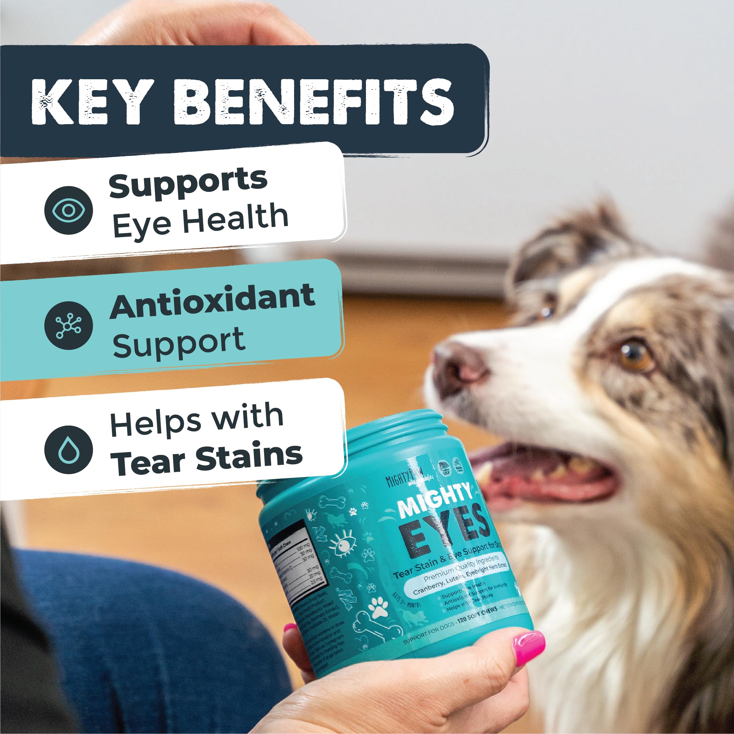 Mighty Paw Waggables Eyes (Made in USA) | Tear Stain Chews for Dogs. Vision and Tear Stain Support Eye Supplements for Dogs. Lutein Dog Tear Stain Supplement. Lubricates Eyes, Immune Support (120 Ct)