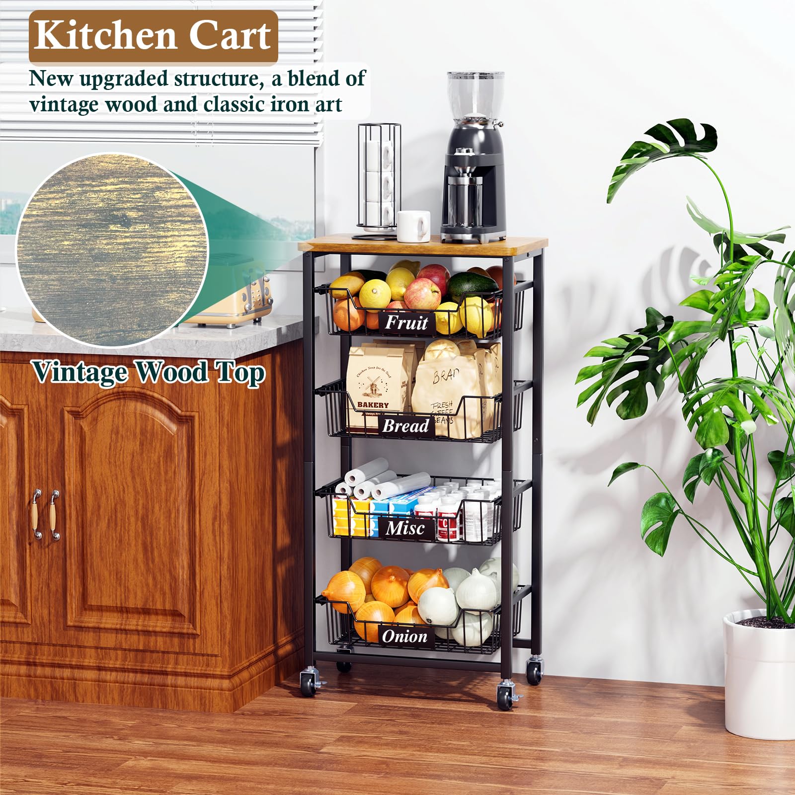 OKZEST Fruit Basket, 5-Tier Utility Kitchen Organizer and Storage Cart with Pull-Out Baskets and Wood Top, Rolling Pantry Kitchen Cart on Wheels for Fruit Potato Onion Vegetable Snack Produce