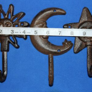 Set of 3 Cast Iron Sun, Moon and Star Wall Hooks for Entryways or Any Hanging Storage Location You Need a Handy Hook. Heavy Duty and Durable!