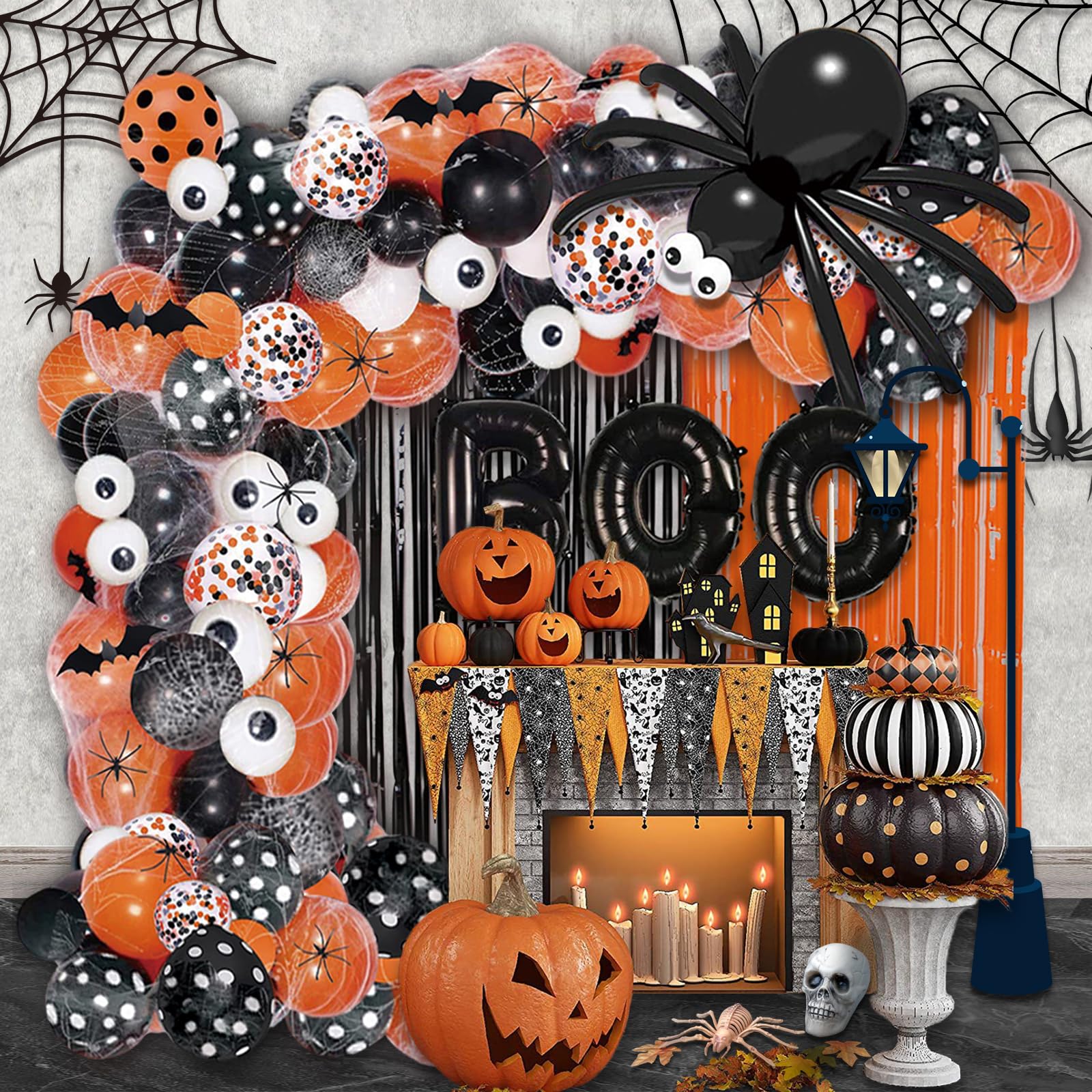 AIBIIN 116 Halloween Party Balloons Halloween Balloon Arch Garland Kit Black Orange Confetti Balloons Orange Black Foil Fringe Curtain Halloween Spooky Boo Birthday Baby Shower Party Balloons Supplies