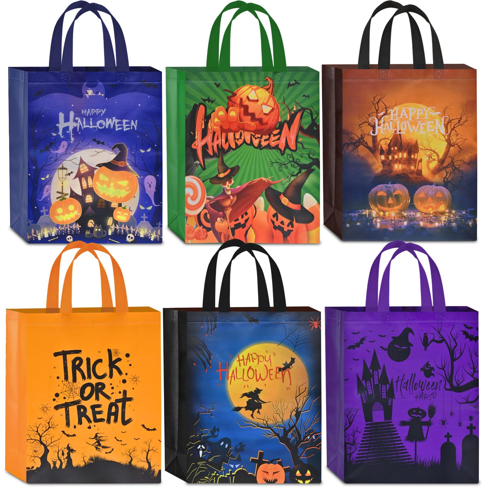 AhfuLife 6 Pcs Halloween Trick or Treat Bags, Large Halloween Candy Tote Bags with Handles, Reusable Halloween Non-Woven Gift Bags for Halloween Party Supplies Favors (15×11.8×3.9’’)