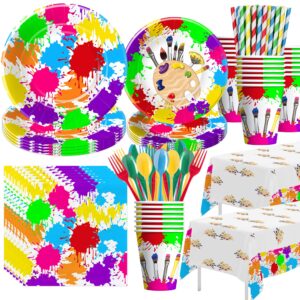 apowbls art party decorations tableware - paint party supplies, paper plate, cup, napkin, tablecloth, cutlery, art painting graffiti theme birthday baby shower party decorations dinnerware | serve 24