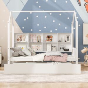 twin house bed with twin size trundle,twin size platform bed frame with storage shelves and roof,montessori bed,tent bed,wood playhouse bed twin for kids teens girls & boys (twin, white)