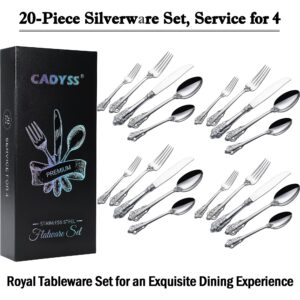 CADYSS Luxurious 20 Piece Silverware Set for 4 - Cutlery Set, Flatware Set - Includes Knife, Fork, and Spoon - High-End 18/10 Stainless Steel - Royal Tableware Set for an Exquisite Dining Experience