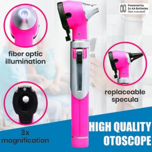 A2Z Scilab - Mini Otoscope - Portable Ear Light and Exam Kit for Home & Professional Use -3X Magnifying Fiber Optic Scope with Spare Tips, Bulb, & Carrying Case - Pocket Diagnostic Equipment (Pink)