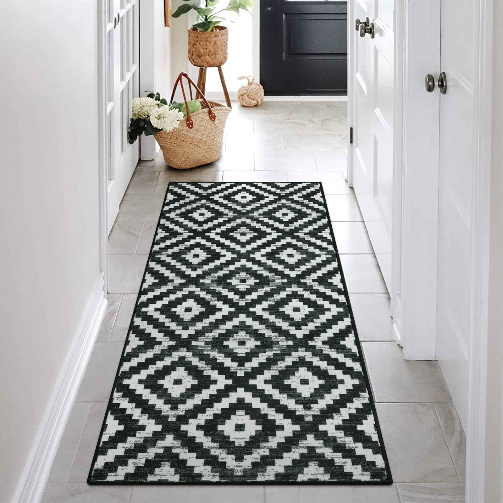 Lahome 2x5 Kitchen Runner Rugs Non Skid Washable, Black and White Hallway Runner Rug Non Slip Laundry Room Runner, Modern Moroccan Trellis Ultra-Thin Carpet Runner for Bedroom Bathroom Entryway