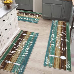 Vaukki Boho Kitchen Rug Sets 3 Pieces, Washable Kitchen Mats for Floor, Non Slip Soft Kitchen Area Rug Floor Mat for Kitchen, Laundry Room and Hallway (Teal, 20''x32''+20''x47''+20''x59'')