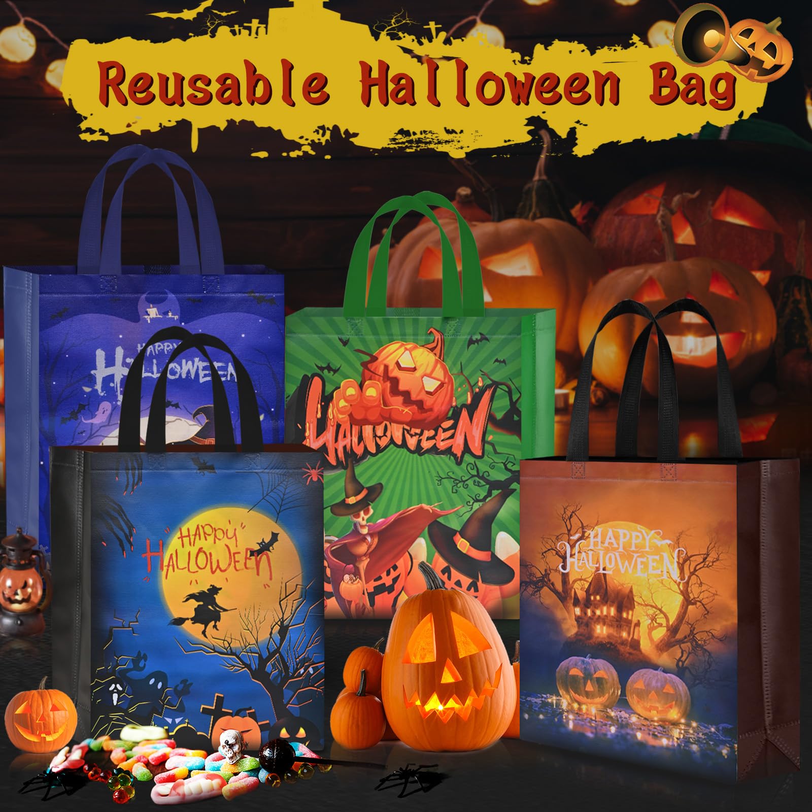 AhfuLife 6 Pcs Halloween Trick or Treat Bags, Large Halloween Candy Tote Bags with Handles, Reusable Halloween Non-Woven Gift Bags for Halloween Party Supplies Favors (15×11.8×3.9’’)