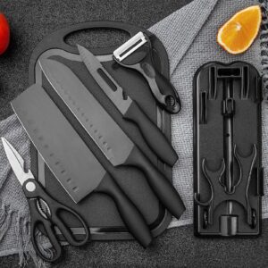 Magicorange 7-Piece Kitchen Knife Set - 5 Black Stainless Steel Knives with Sheaths, Cutting Board, and a Knife Block- Stainless Steel Kitchen Knives with PP Ergonomic Handle (Matte Black)