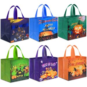 ahfulife 6 pcs halloween trick or treat bags, halloween candy tote bags with handles, reusable halloween non-woven gift bags for halloween party supplies favors (7.8×7.8×5.9’’)