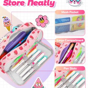 Bistup Pencil Case Pouch Pen Bag for School Cute Kawaii Girls Girly Cartoon Strawberry Teen Girls Zipper Pencil Pouches Large Stationary Bags 3 compartments with Lanyard+ID Badge Holder+Pen+Sticker