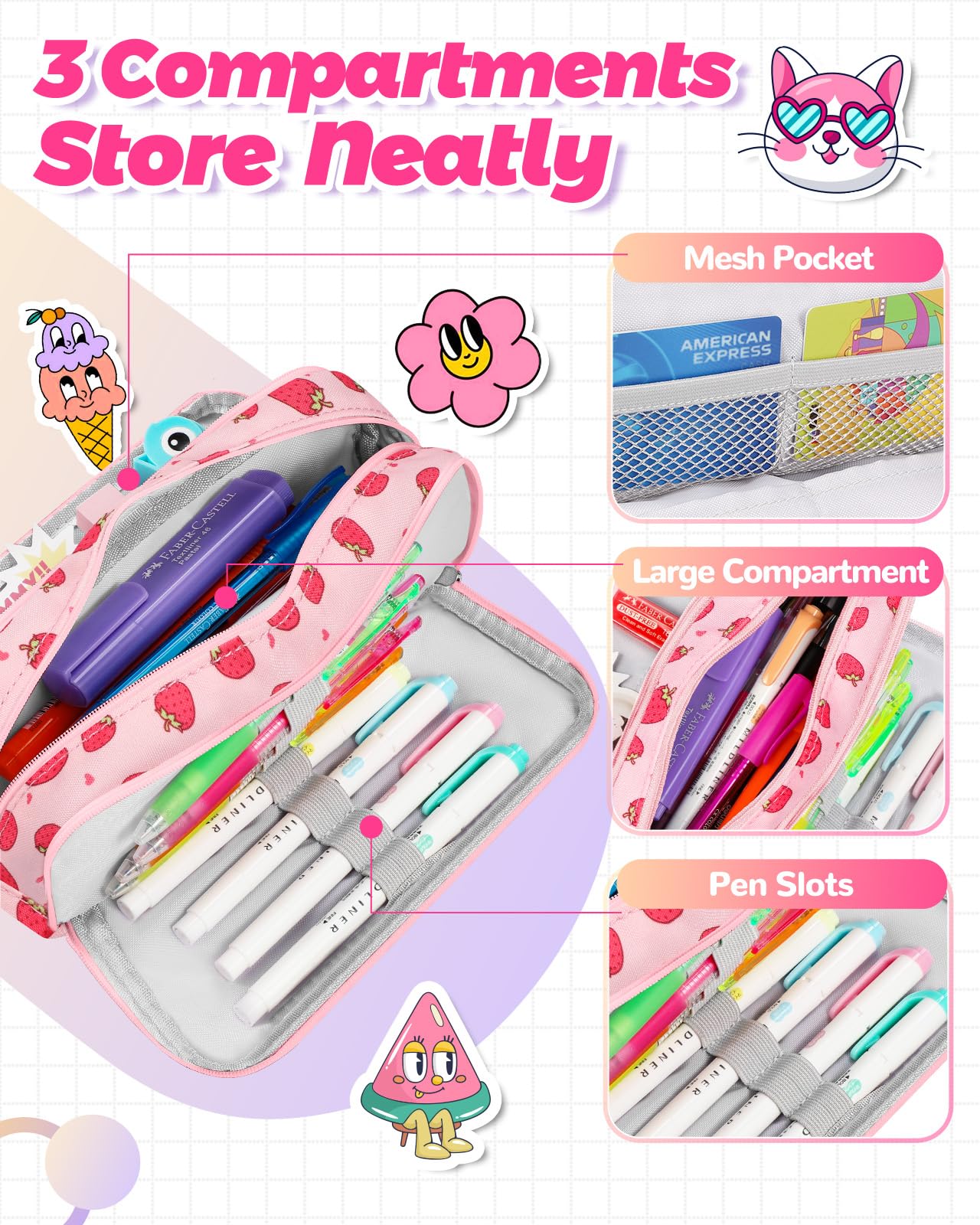 Bistup Pencil Case Pouch Pen Bag for School Cute Kawaii Girls Girly Cartoon Strawberry Teen Girls Zipper Pencil Pouches Large Stationary Bags 3 compartments with Lanyard+ID Badge Holder+Pen+Sticker