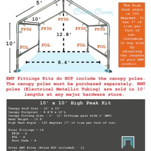 10' x 10' High Peak Canopy Fittings, DIY RV & Boat Carport, Party Tent, 1" EMT Metal Frame Parts