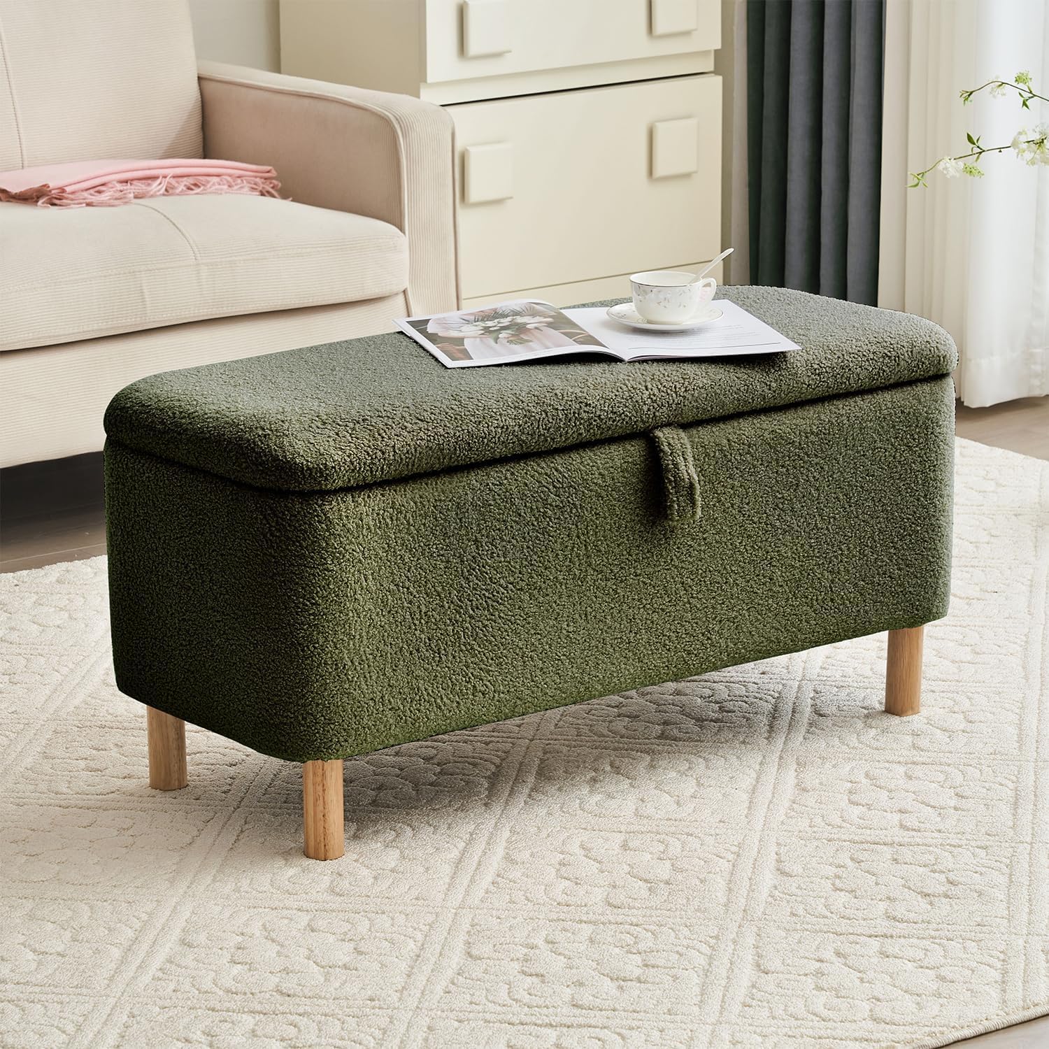 Boucle Storage Ottoman Bench for Bedroom end of Bed, Sherpa Upholstered Shoe Seat Storage Beach for Entryway Bed Foot, Rectangle Cushion Padded Blanket Chest Cute for Living Room, Blackish Green