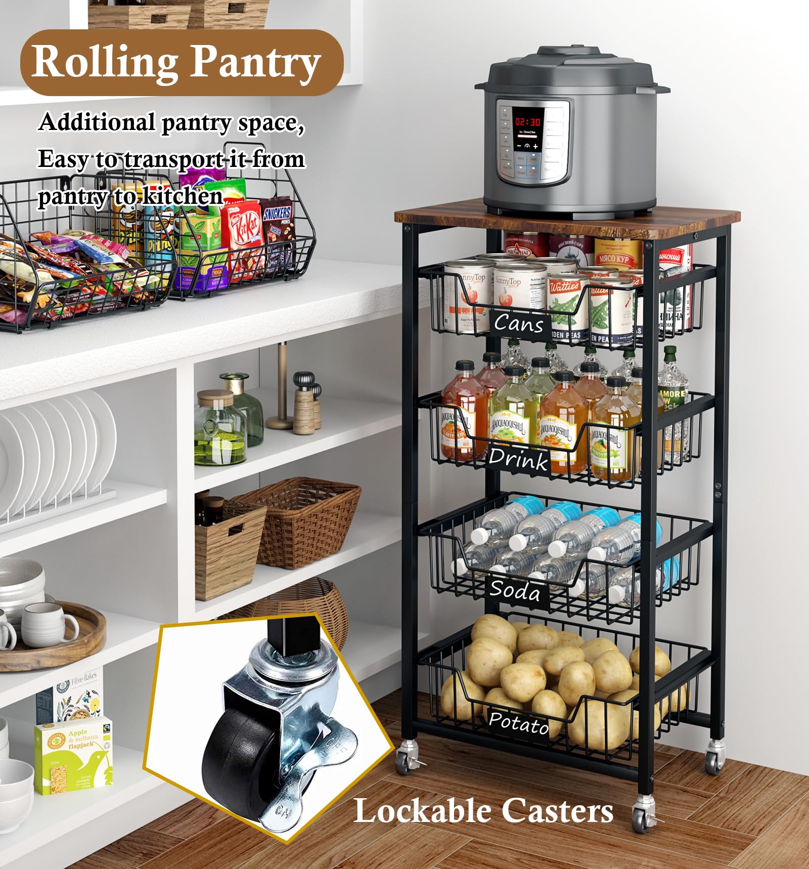 OKZEST Fruit Basket, 5-Tier Utility Kitchen Organizer and Storage Cart with Pull-Out Baskets and Wood Top, Rolling Pantry Kitchen Cart on Wheels for Fruit Potato Onion Vegetable Snack Produce