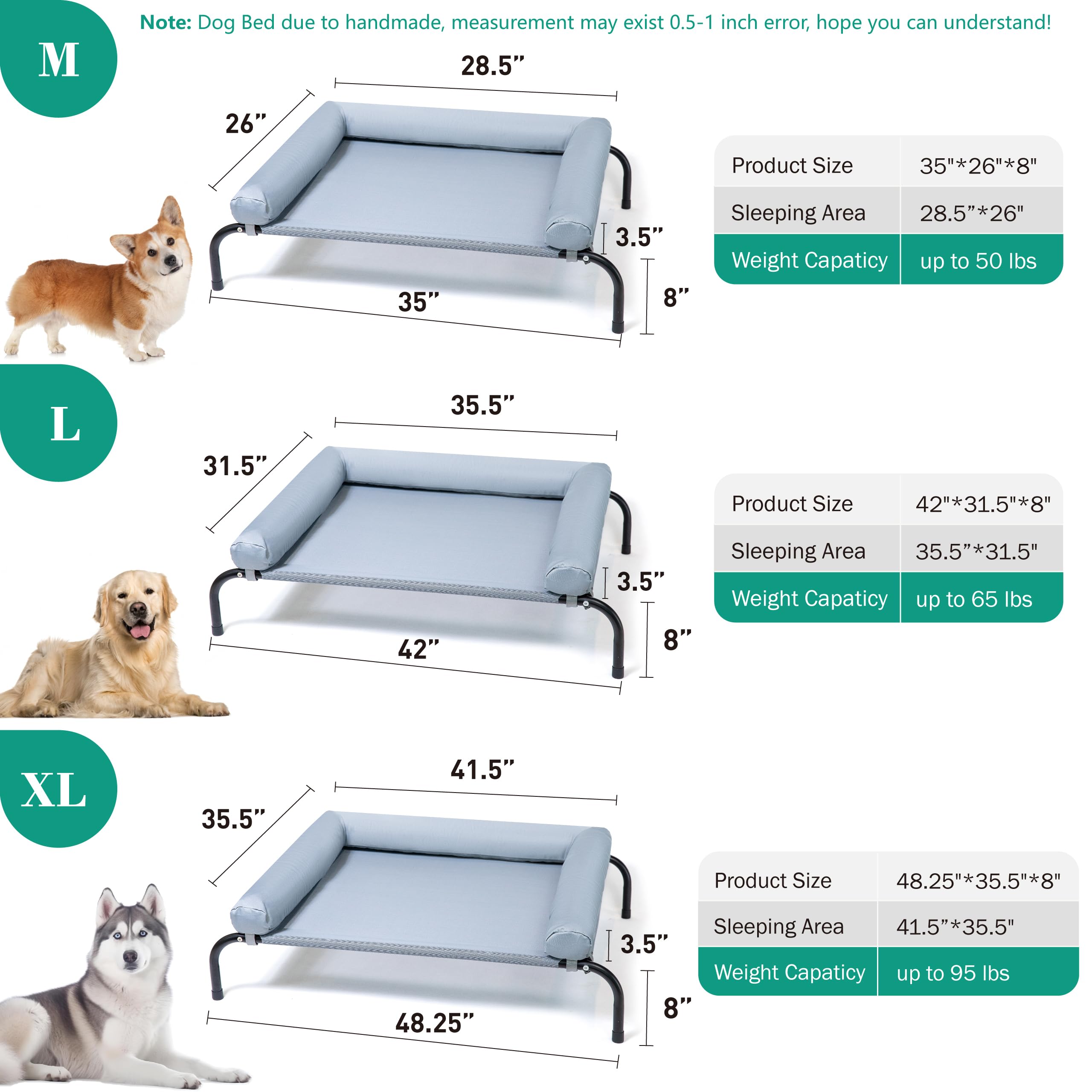 TJSOULER Cooling Elevated Dog Bed with Pillows,Portable Washable Raised Dog Cot with Chew Proof Mesh and Metal Frame,No-Slip Rubber Feet for Indoor & Outdoor Use,Large,Gray