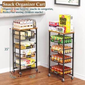 OKZEST Fruit Basket, 5-Tier Utility Kitchen Organizer and Storage Cart with Pull-Out Baskets and Wood Top, Rolling Pantry Kitchen Cart on Wheels for Fruit Potato Onion Vegetable Snack Produce