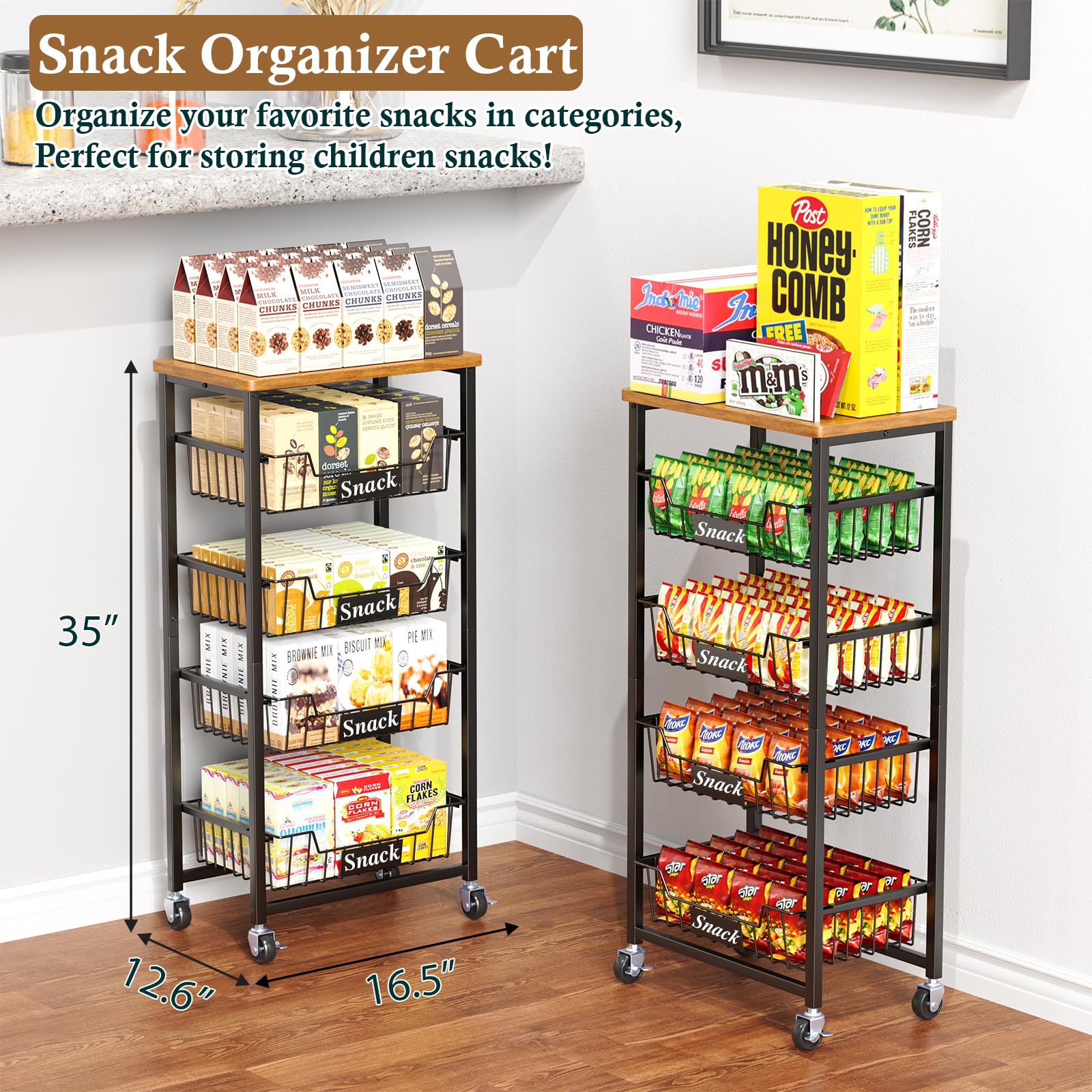 OKZEST Fruit Basket, 5-Tier Utility Kitchen Organizer and Storage Cart with Pull-Out Baskets and Wood Top, Rolling Pantry Kitchen Cart on Wheels for Fruit Potato Onion Vegetable Snack Produce