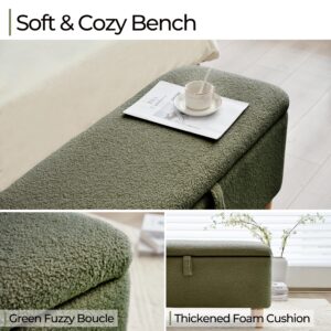 Boucle Storage Ottoman Bench for Bedroom end of Bed, Sherpa Upholstered Shoe Seat Storage Beach for Entryway Bed Foot, Rectangle Cushion Padded Blanket Chest Cute for Living Room, Blackish Green