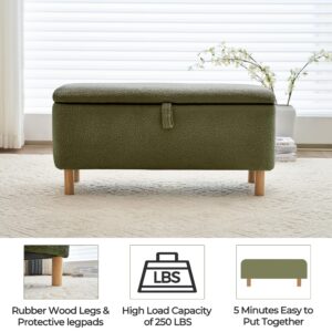 Boucle Storage Ottoman Bench for Bedroom end of Bed, Sherpa Upholstered Shoe Seat Storage Beach for Entryway Bed Foot, Rectangle Cushion Padded Blanket Chest Cute for Living Room, Blackish Green