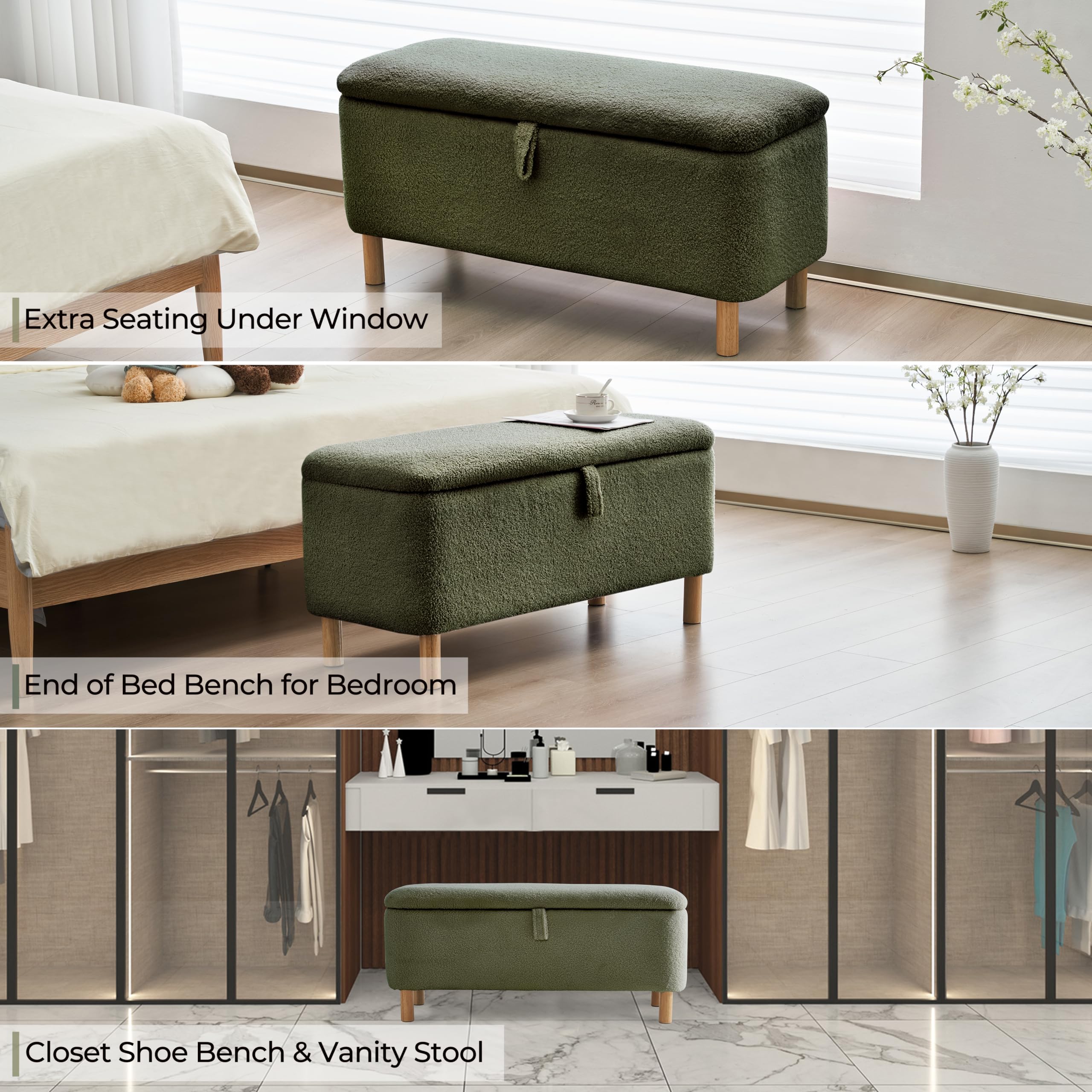 Boucle Storage Ottoman Bench for Bedroom end of Bed, Sherpa Upholstered Shoe Seat Storage Beach for Entryway Bed Foot, Rectangle Cushion Padded Blanket Chest Cute for Living Room, Blackish Green