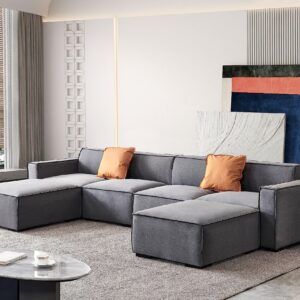 Moxoq Luxury Modern Modular U-Shaped Sectional Sofa Set, Minimalist Linen Fabric Upholstered Comfy Couch with Convertible Chaise, Large Cloud Couch for Living Room (Dark Grey, U-Shaped)