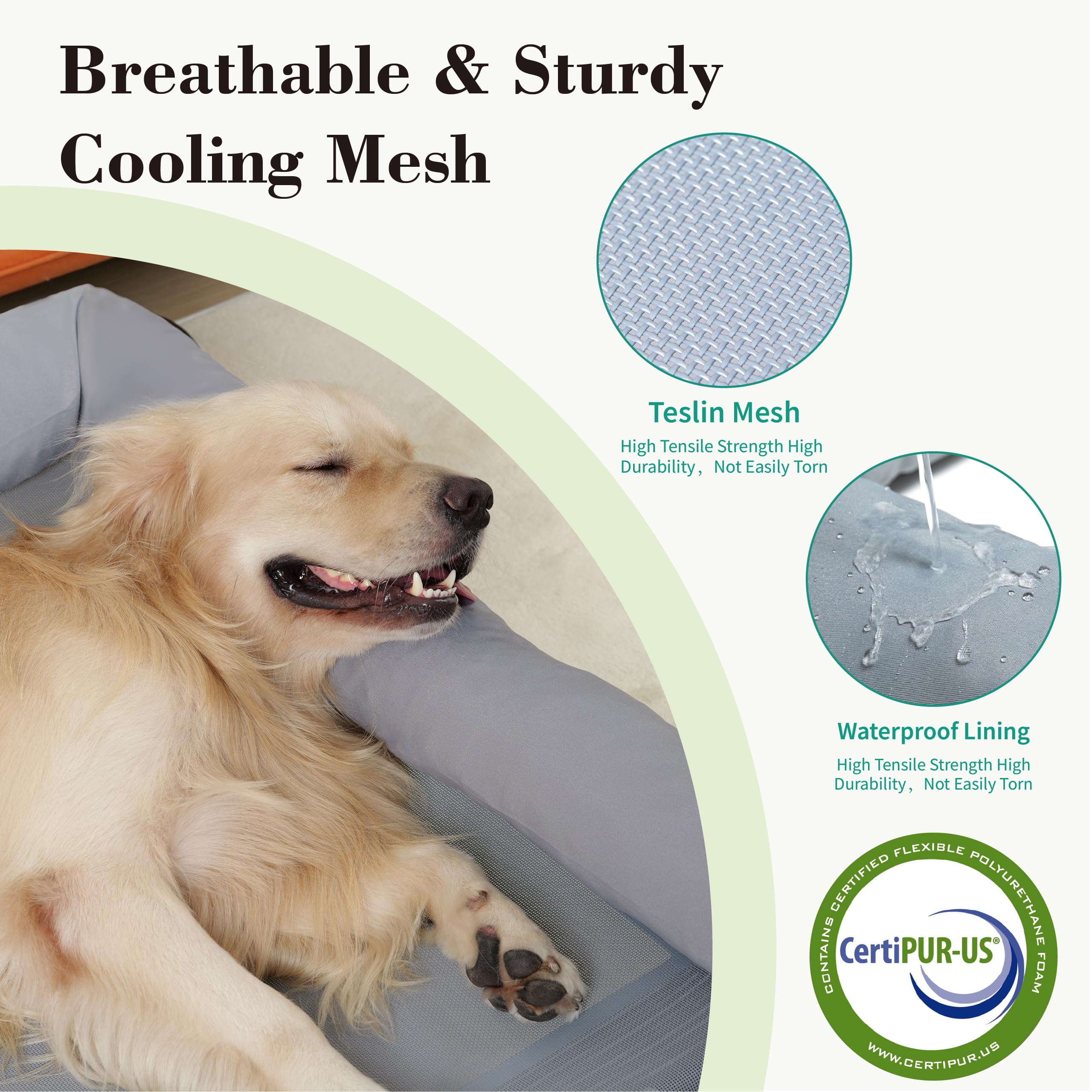 TJSOULER Cooling Elevated Dog Bed with Pillows,Portable Washable Raised Dog Cot with Chew Proof Mesh and Metal Frame,No-Slip Rubber Feet for Indoor & Outdoor Use,Large,Gray