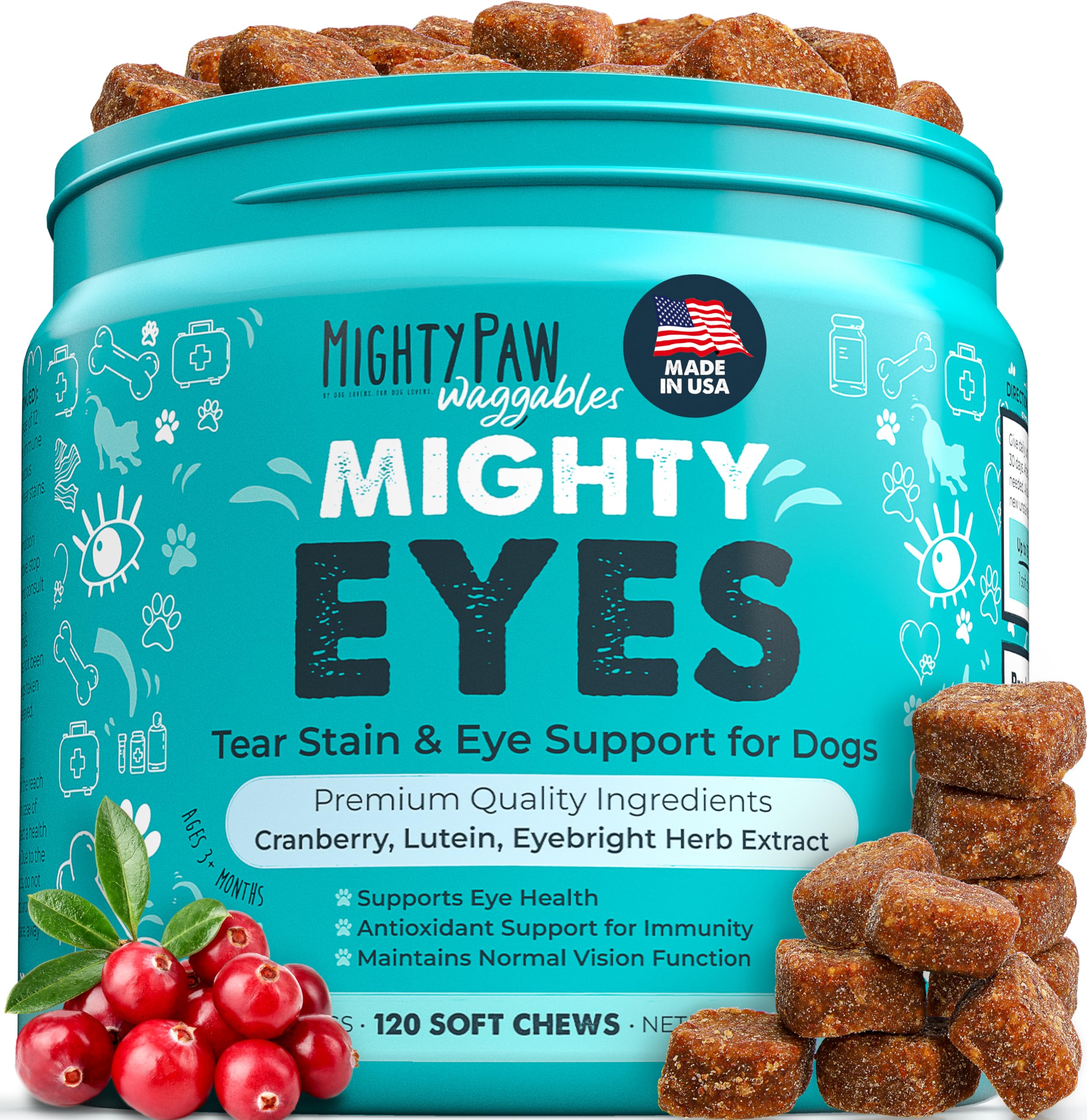 Mighty Paw Waggables Eyes (Made in USA) | Tear Stain Chews for Dogs. Vision and Tear Stain Support Eye Supplements for Dogs. Lutein Dog Tear Stain Supplement. Lubricates Eyes, Immune Support (120 Ct)