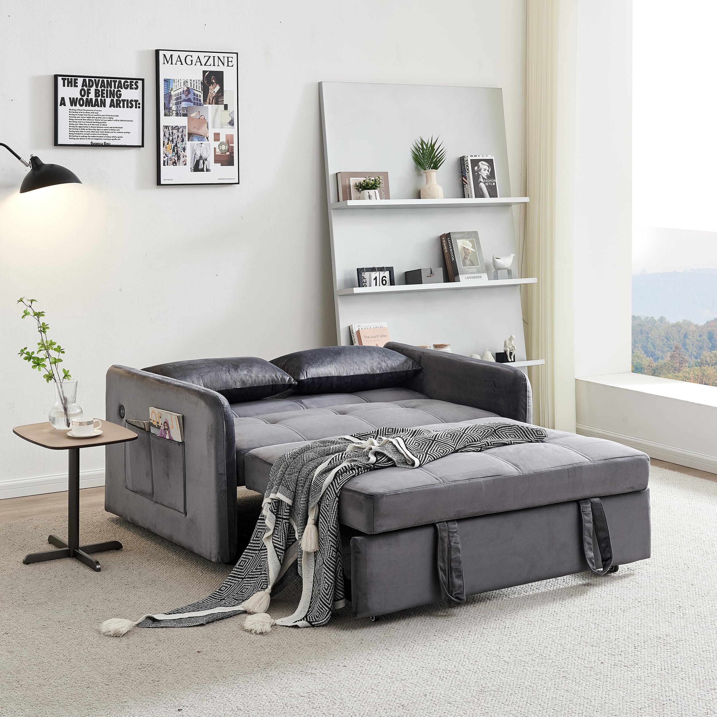 Convertible Sleeper Sofa Bed w/Pullout Bed 4-1 Multi-Functional Sofa Bed with Side Bags and USB Port Velvet Loveseat Futon Sofa Couch for Living Room or Apartments (Grey)