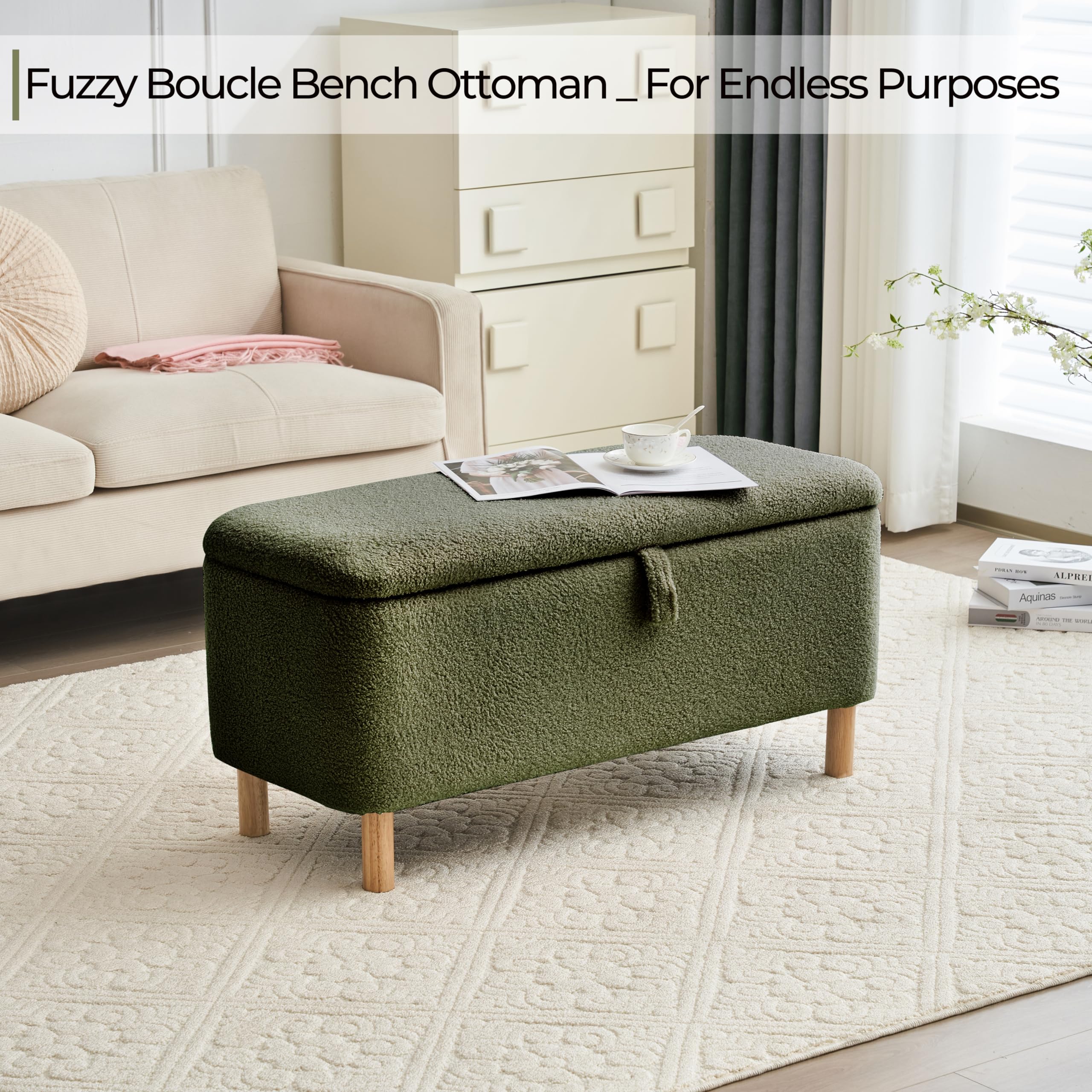 Boucle Storage Ottoman Bench for Bedroom end of Bed, Sherpa Upholstered Shoe Seat Storage Beach for Entryway Bed Foot, Rectangle Cushion Padded Blanket Chest Cute for Living Room, Blackish Green