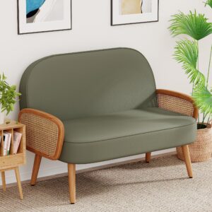 aklaus 45" w faux leather small loveseat with natural rattan arms,upholstered modern mini sofa couch love seat settee bench with back for living room bedroom office small space entryway green