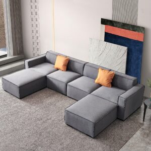 Moxoq Luxury Modern Modular U-Shaped Sectional Sofa Set, Minimalist Linen Fabric Upholstered Comfy Couch with Convertible Chaise, Large Cloud Couch for Living Room (Dark Grey, U-Shaped)