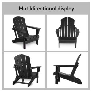 Folding Adirondack Chair, Modern Patio Outdoor Chairs, HDPE Plastic Resin Deck Chair, Painted Weather Resistant, for Deck, Garden, Backyard & Lawn Furniture, Fire Pit, Porch Seating (Black)