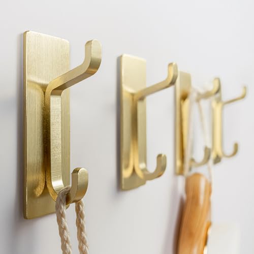 pickpiff Self Adhesive Hooks, Extra Sticky 10LB (Max), Heavy Duty Stainless, Stick On Wall and Door Hooks for Hanging, Bathroom Towel Hooks and Coat Hooks, Robe Hook Wall Mounted, Gold, 4 Pack