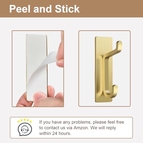 pickpiff Self Adhesive Hooks, Extra Sticky 10LB (Max), Heavy Duty Stainless, Stick On Wall and Door Hooks for Hanging, Bathroom Towel Hooks and Coat Hooks, Robe Hook Wall Mounted, Gold, 4 Pack