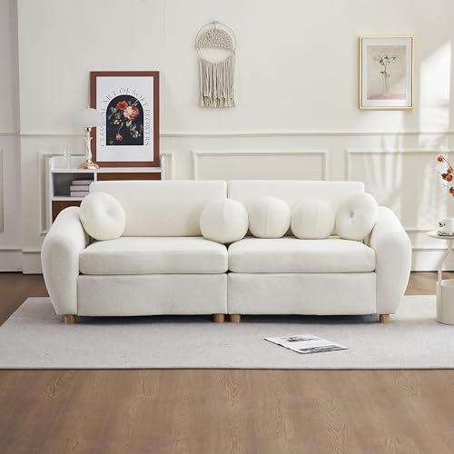 87.7" Luxury Modern Curved Sofa , Soft Comfy Teddy Fabric Upholstered Couches with 5 Decorative Throw Pillows, Solid Wood Structure and Legs ,Loveseat Sofa & Couch for Living Room/Office/Apartment