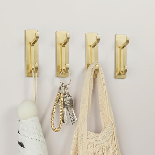 pickpiff Self Adhesive Hooks, Extra Sticky 10LB (Max), Heavy Duty Stainless, Stick On Wall and Door Hooks for Hanging, Bathroom Towel Hooks and Coat Hooks, Robe Hook Wall Mounted, Gold, 4 Pack